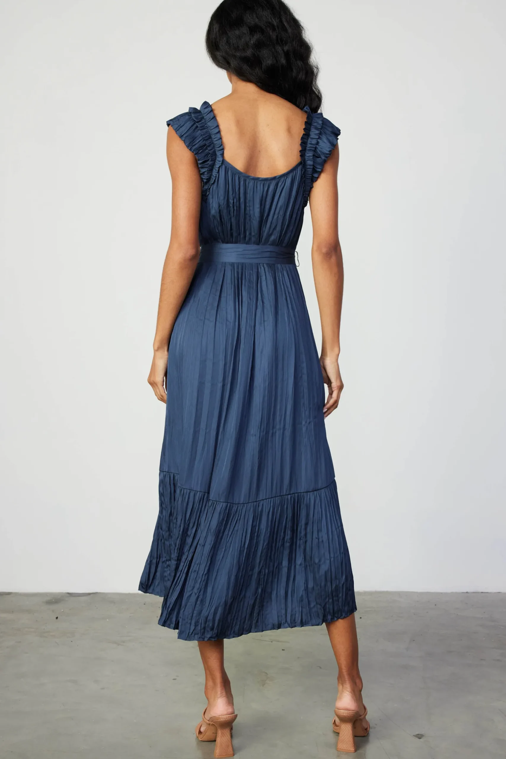 Midi Dresses-Current Air Crinkled Ruffled Shoulder Midi Dress NAVY