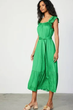 Midi Dresses-Current Air Crinkled Ruffled Shoulder Midi Dress DEEPSPRINGGREEN