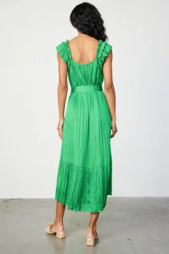 Midi Dresses-Current Air Crinkled Ruffled Shoulder Midi Dress DEEPSPRINGGREEN