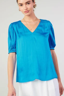 Short Sleeve Tops-Current Air Cuffed Pleated Yoke top BLUE