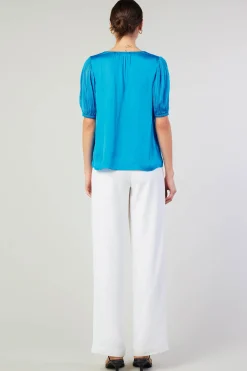 Short Sleeve Tops-Current Air Cuffed Pleated Yoke top BLUE
