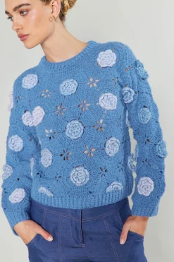 Knitwear|Sweaters-Current Air 3D Floral Crochet Sweater BLUEMLT