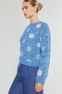 Knitwear|Sweaters-Current Air 3D Floral Crochet Sweater BLUEMLT