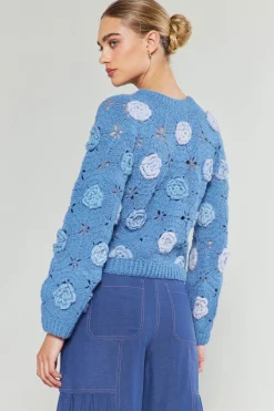 Knitwear|Sweaters-Current Air 3D Floral Crochet Sweater BLUEMLT