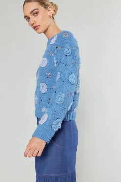 Knitwear|Sweaters-Current Air 3D Floral Crochet Sweater BLUEMLT