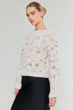 Knitwear|Sweaters-Current Air 3D Floral Crochet Sweater IVORY