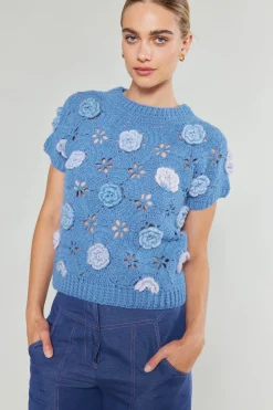 Knitwear|Short Sleeve Tops-Current Air 3D Floral Crochet Top BLUEMLT