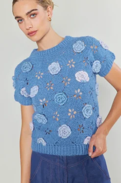 Knitwear|Short Sleeve Tops-Current Air 3D Floral Crochet Top BLUEMLT