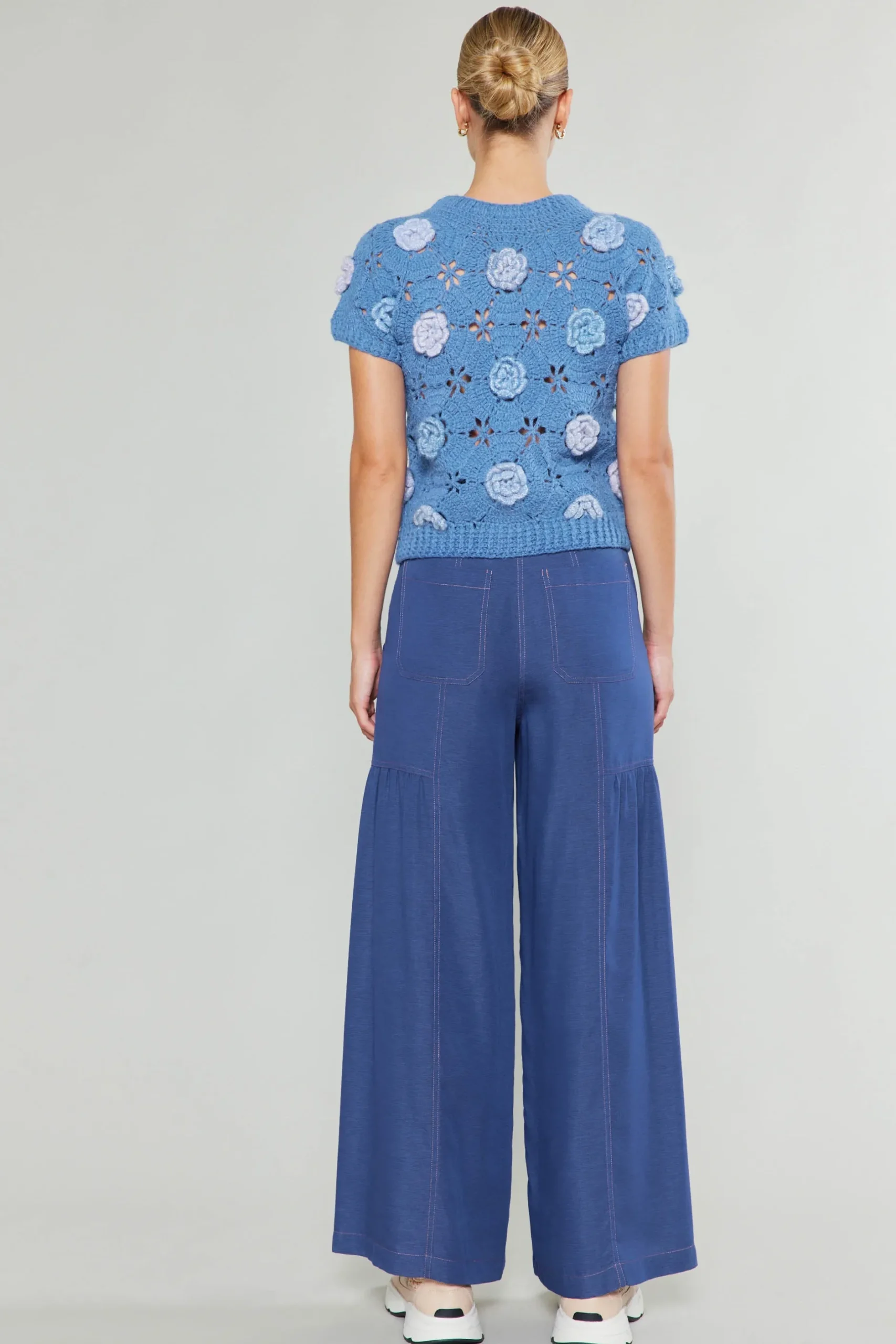 Knitwear|Short Sleeve Tops-Current Air 3D Floral Crochet Top BLUEMLT