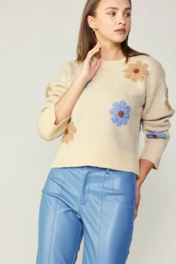 Knitwear|Sweaters-Current Air Daisy Embroidered Sweater CREAM