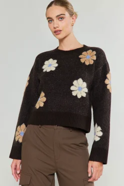 Knitwear|Sweaters-Current Air Daisy Embroidered Sweater BROWN