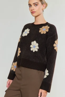 Knitwear|Sweaters-Current Air Daisy Embroidered Sweater BROWN