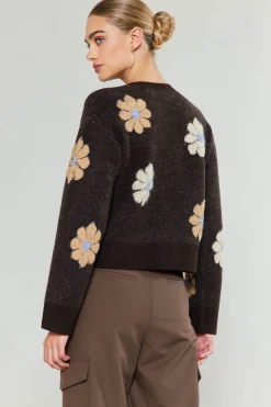 Knitwear|Sweaters-Current Air Daisy Embroidered Sweater BROWN
