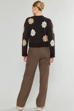 Knitwear|Sweaters-Current Air Daisy Embroidered Sweater BROWN