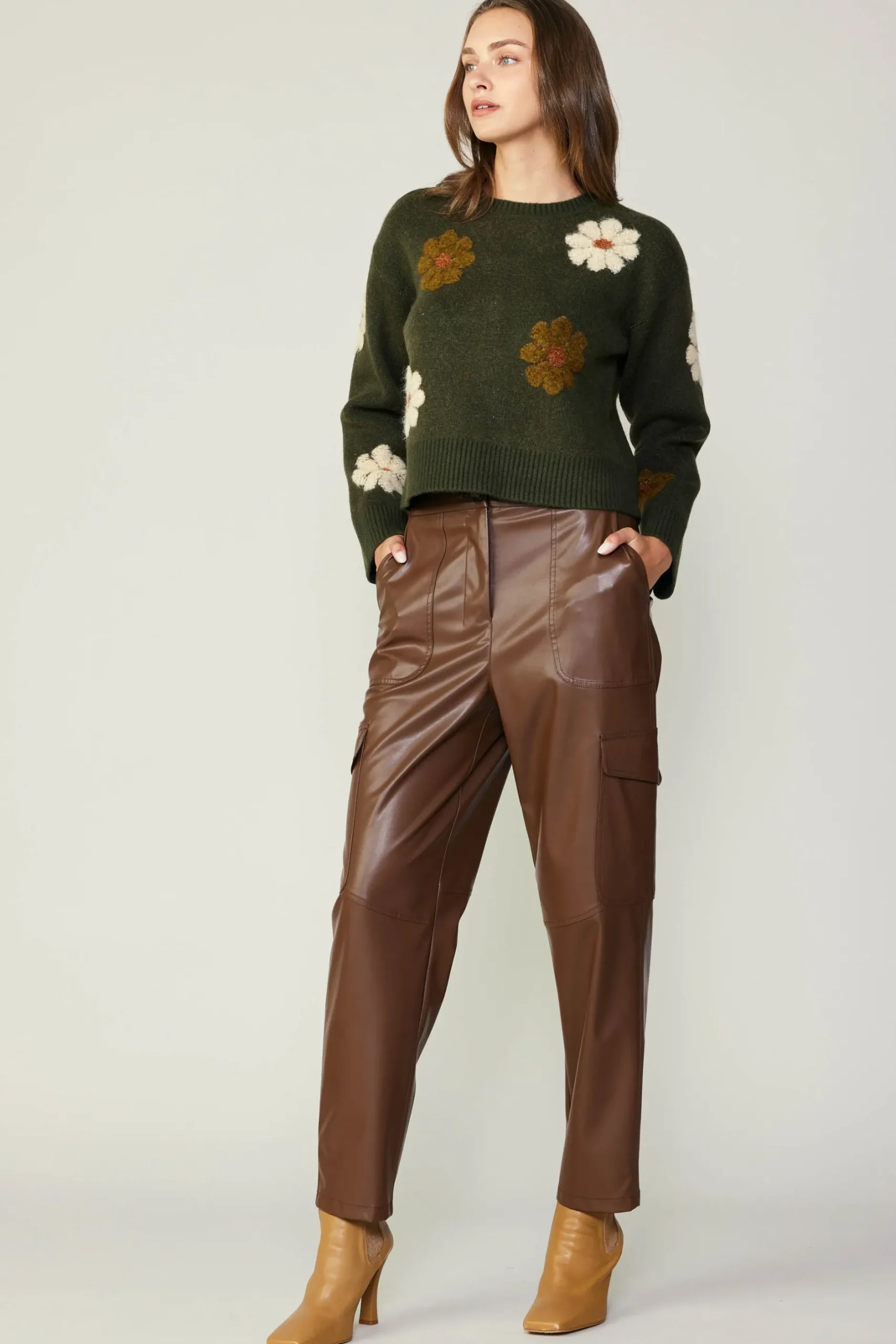 Knitwear|Sweaters-Current Air Daisy Embroidered Sweater KHAKI