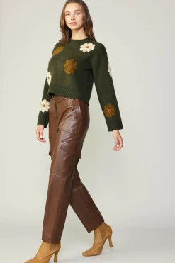 Knitwear|Sweaters-Current Air Daisy Embroidered Sweater KHAKI