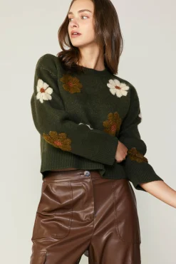 Knitwear|Sweaters-Current Air Daisy Embroidered Sweater KHAKI
