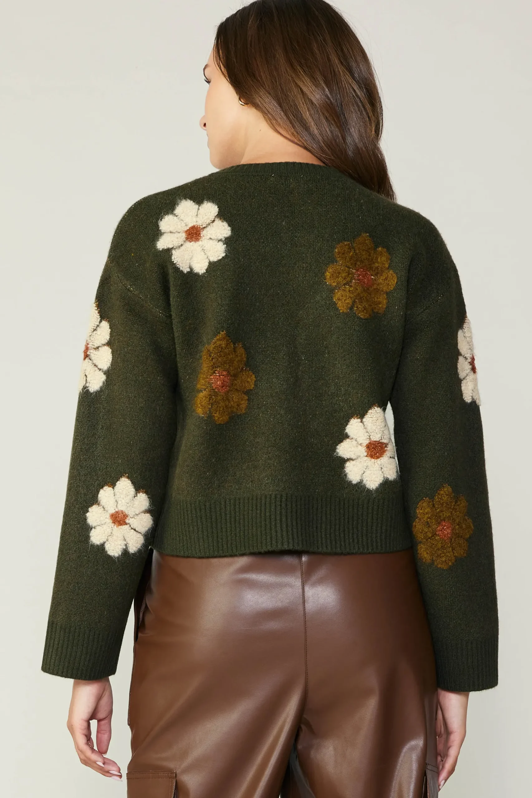 Knitwear|Sweaters-Current Air Daisy Embroidered Sweater KHAKI