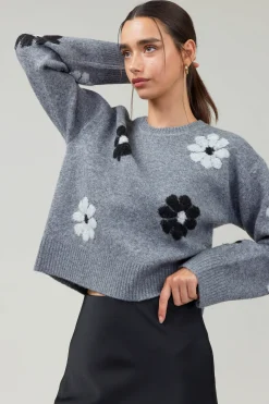 Knitwear|Sweaters-Current Air Daisy Embroidered Sweater MELANGEGREY
