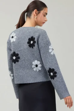 Knitwear|Sweaters-Current Air Daisy Embroidered Sweater MELANGEGREY