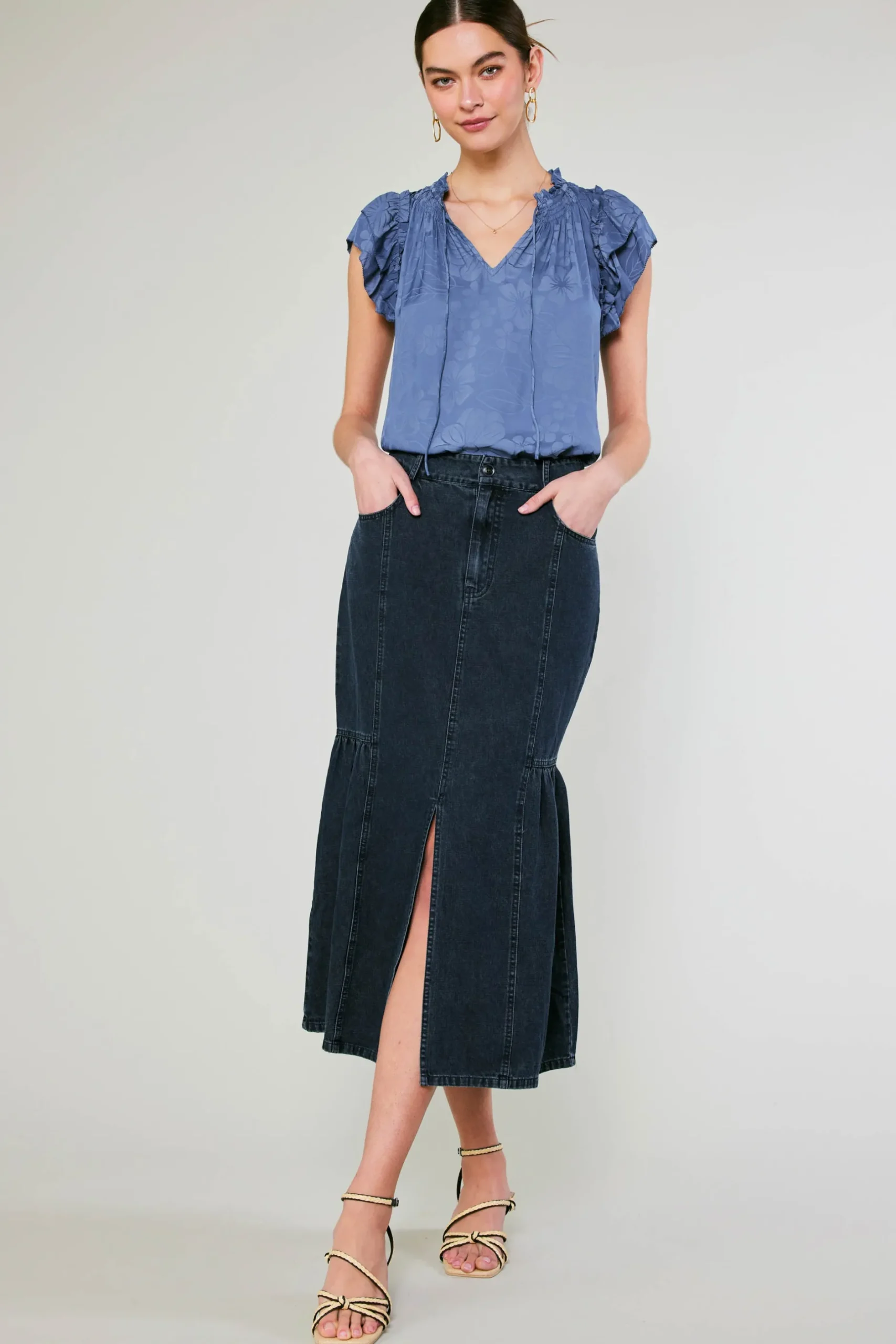 Skirts-Current Air Denim Midi Skirt INDIGO