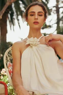 Sleeveless Tops-Current Air Detachable Rosette Halter Top PEARL