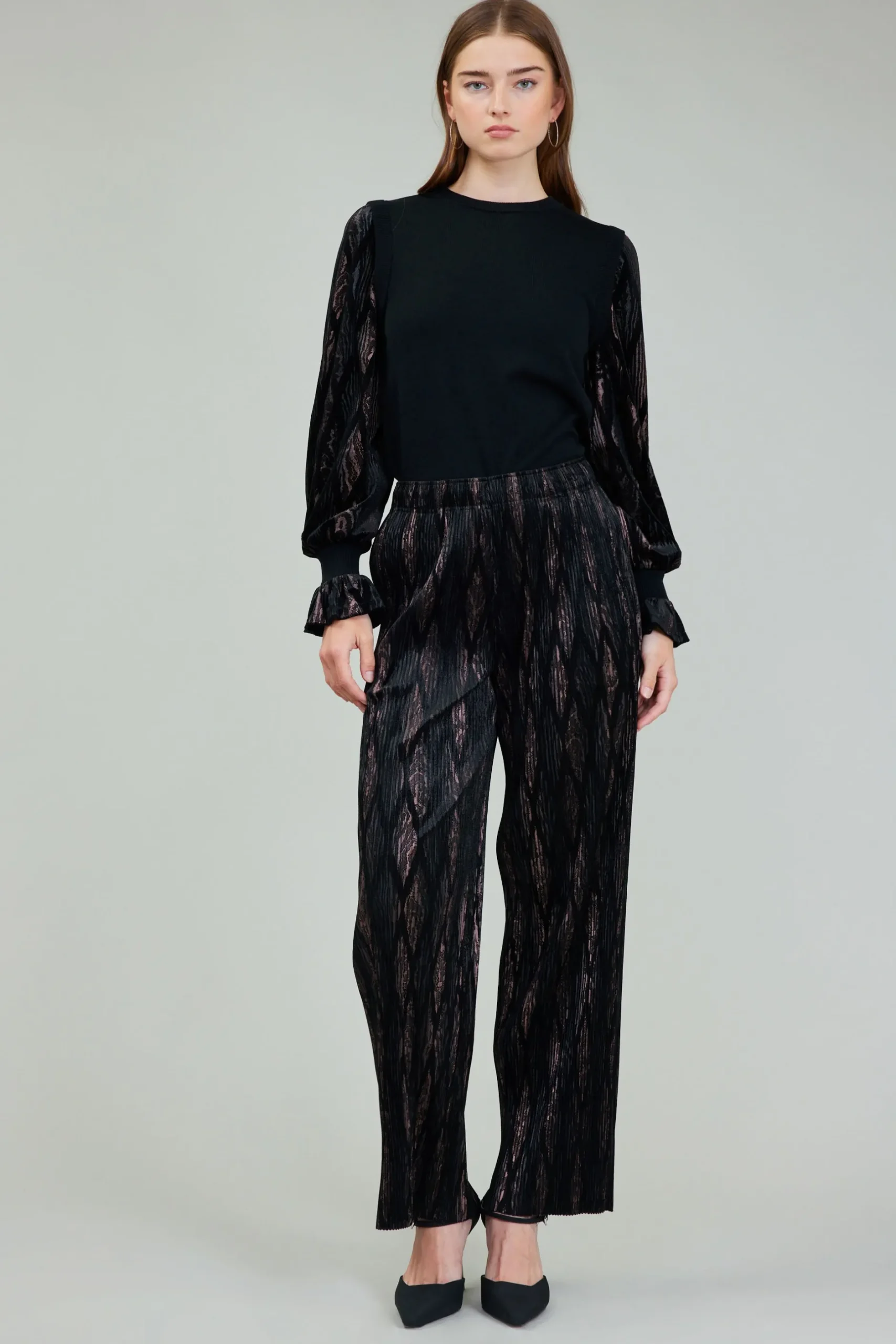 Pants-Current Air Elastic Waist Long Pants BLACKBRONZEMULTI