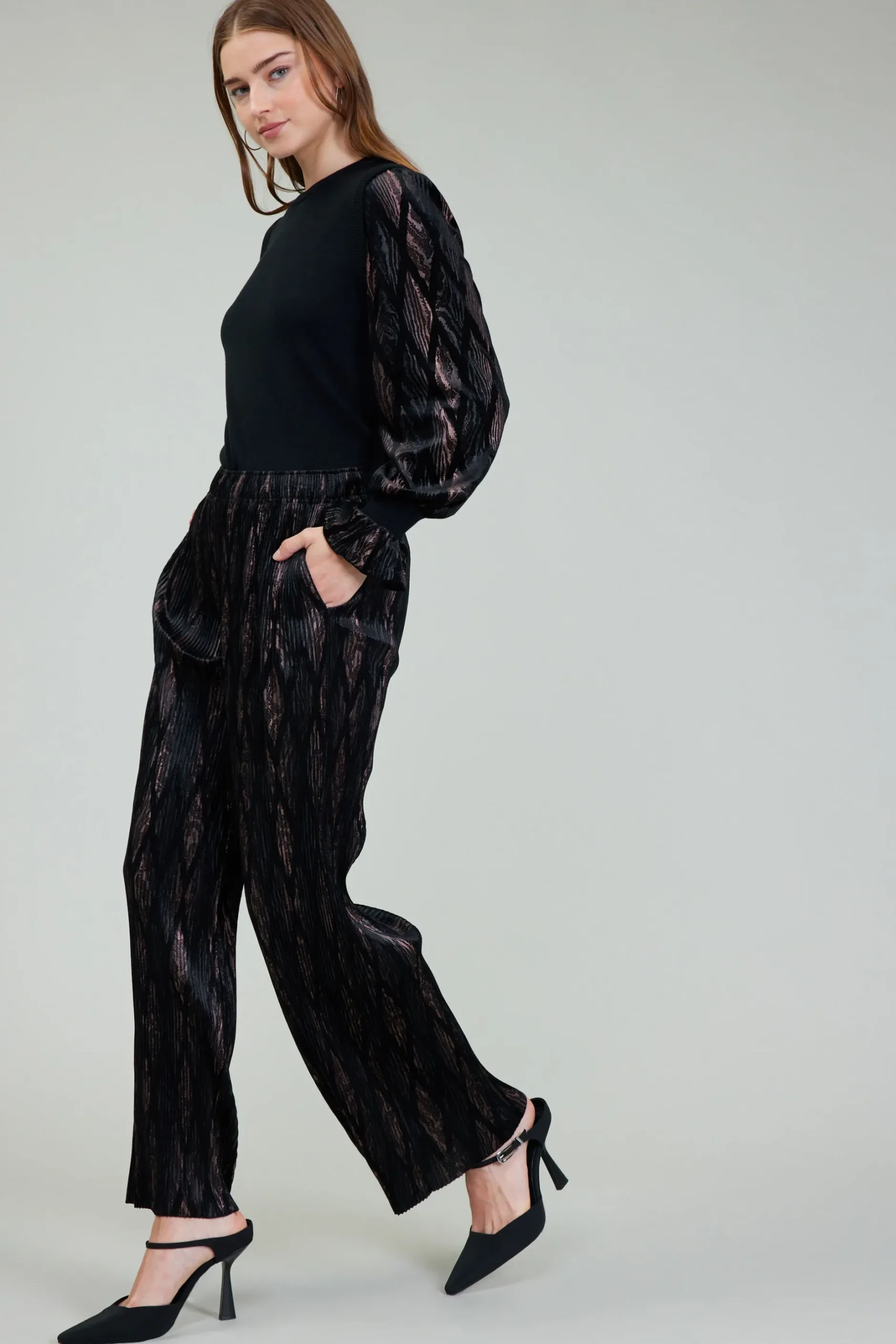 Pants-Current Air Elastic Waist Long Pants BLACKBRONZEMULTI