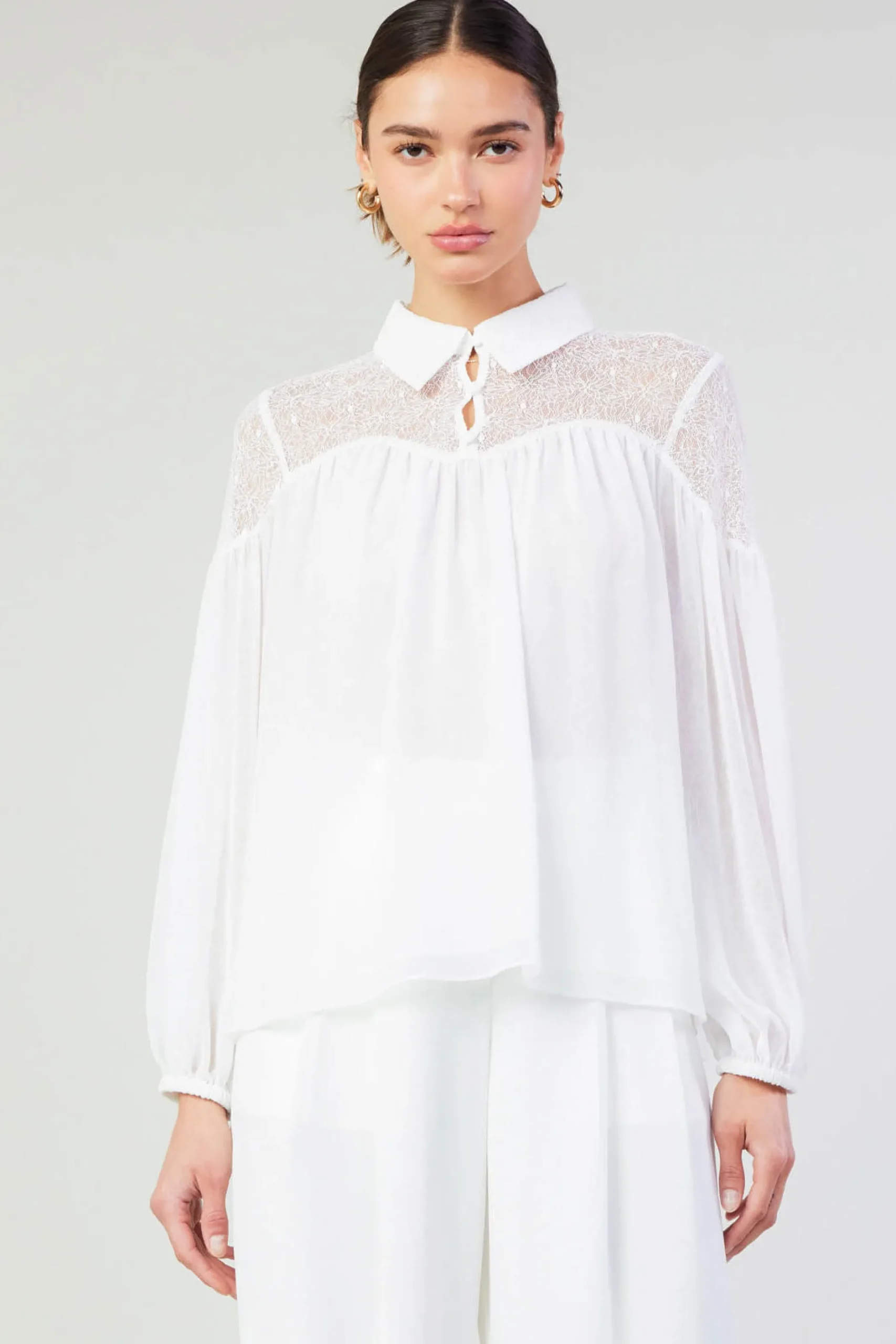 Long Sleeve Tops-Current Air Elyse Lace Yoke Blouse WHITE