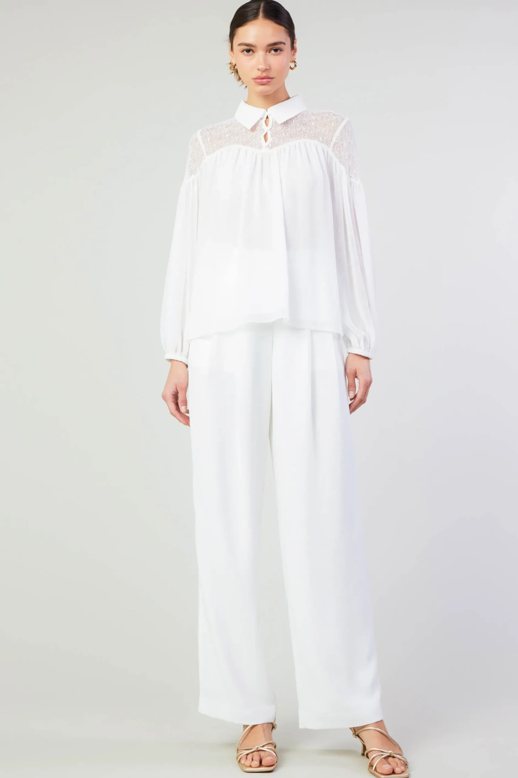 Long Sleeve Tops-Current Air Elyse Lace Yoke Blouse WHITE