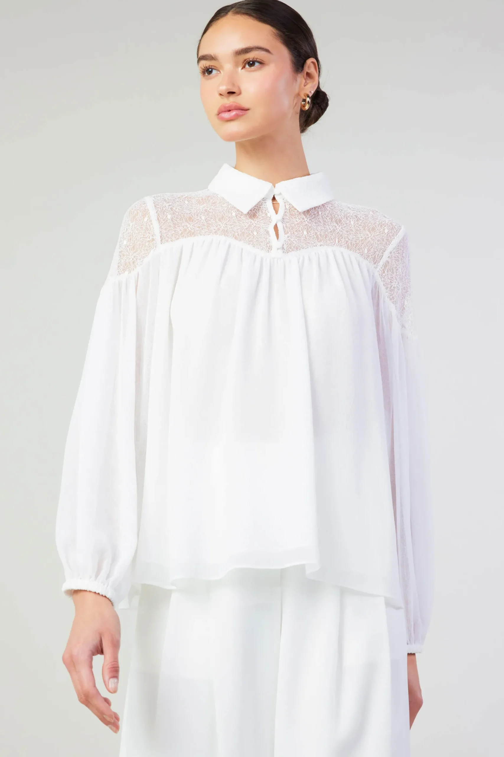 Long Sleeve Tops-Current Air Elyse Lace Yoke Blouse WHITE