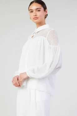 Long Sleeve Tops-Current Air Elyse Lace Yoke Blouse WHITE