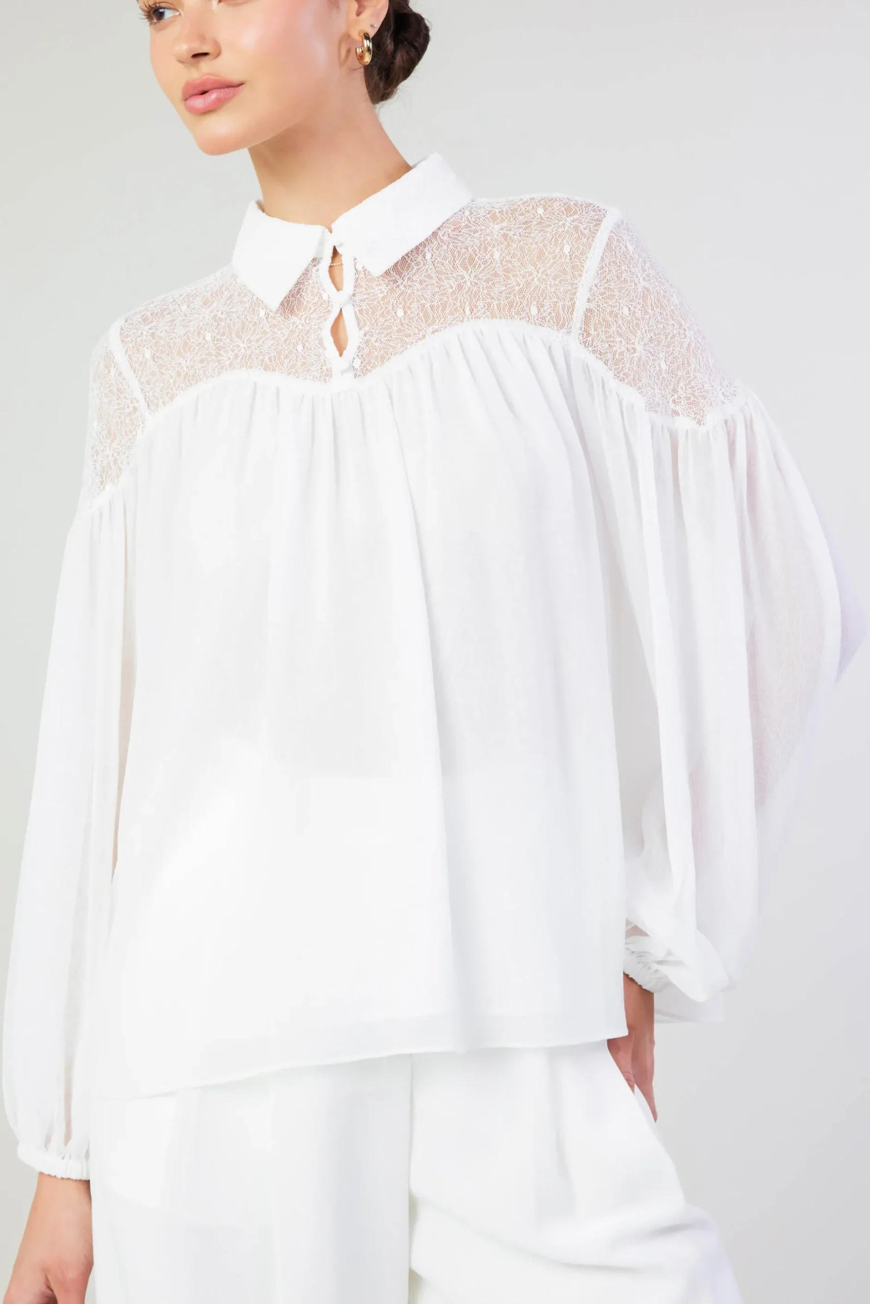 Long Sleeve Tops-Current Air Elyse Lace Yoke Blouse WHITE