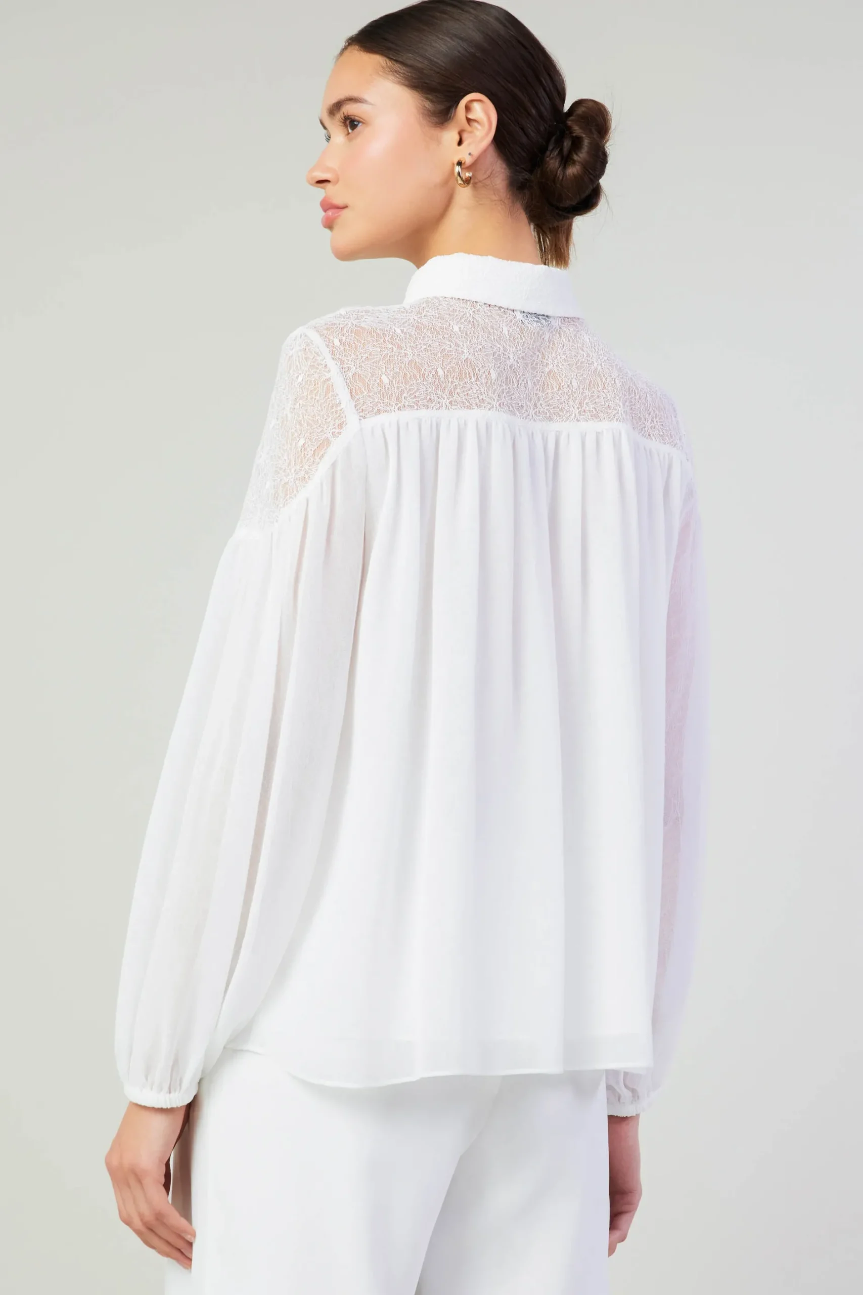 Long Sleeve Tops-Current Air Elyse Lace Yoke Blouse WHITE