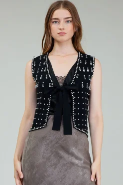 Cardigans-Current Air Embellished Cardigan Vest BLACK