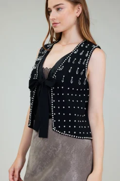 Cardigans-Current Air Embellished Cardigan Vest BLACK