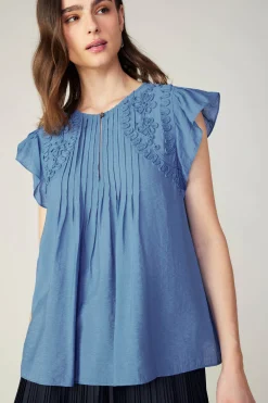 Sleeveless Tops|Short Sleeve Tops-Current Air Embroidered Cap Sleeve Top DENIMBLUE