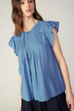 Sleeveless Tops|Short Sleeve Tops-Current Air Embroidered Cap Sleeve Top DENIMBLUE