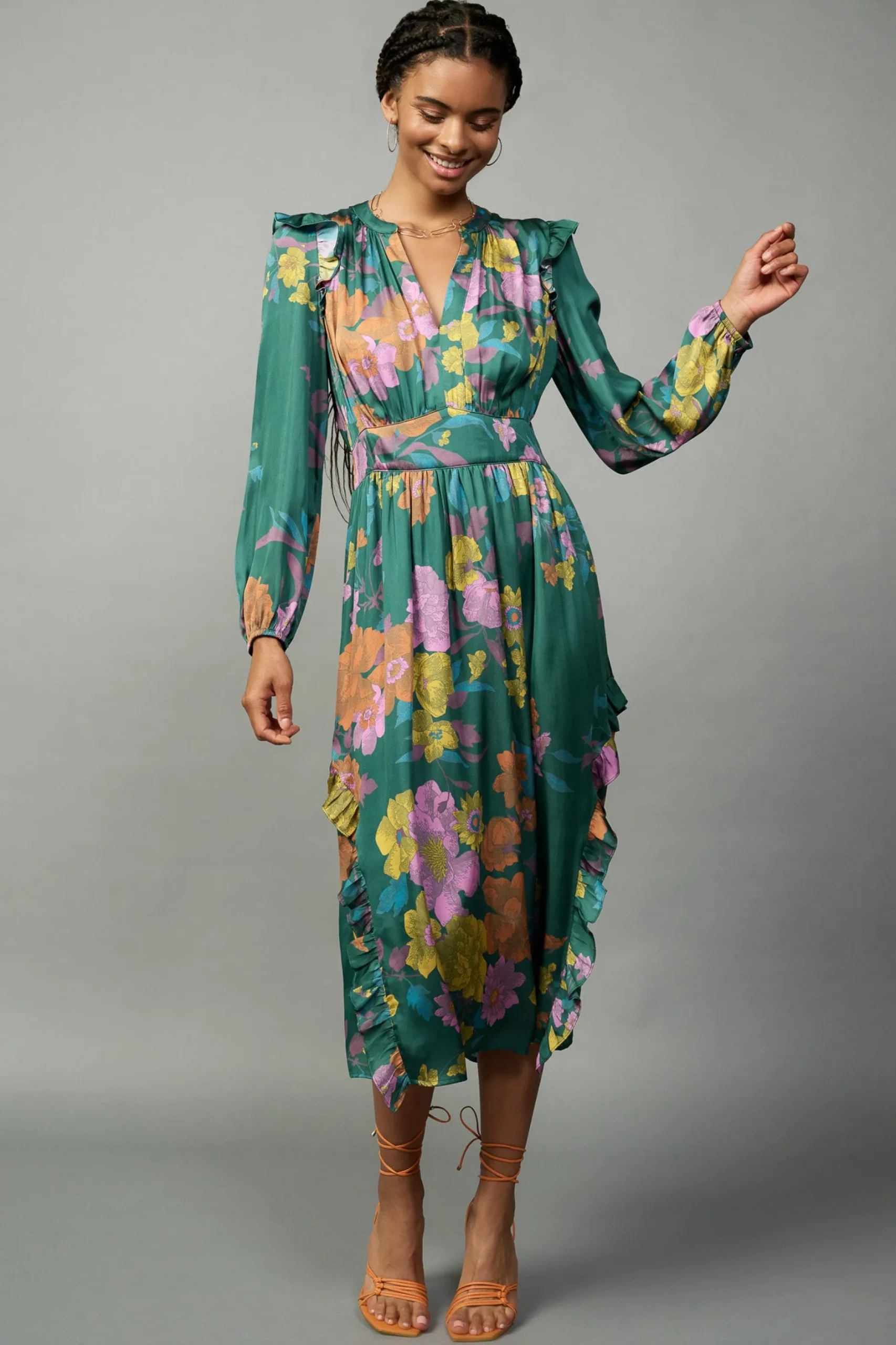 Midi Dresses-Current Air Emmaline Botanical Midi Dress GREENFLORAL