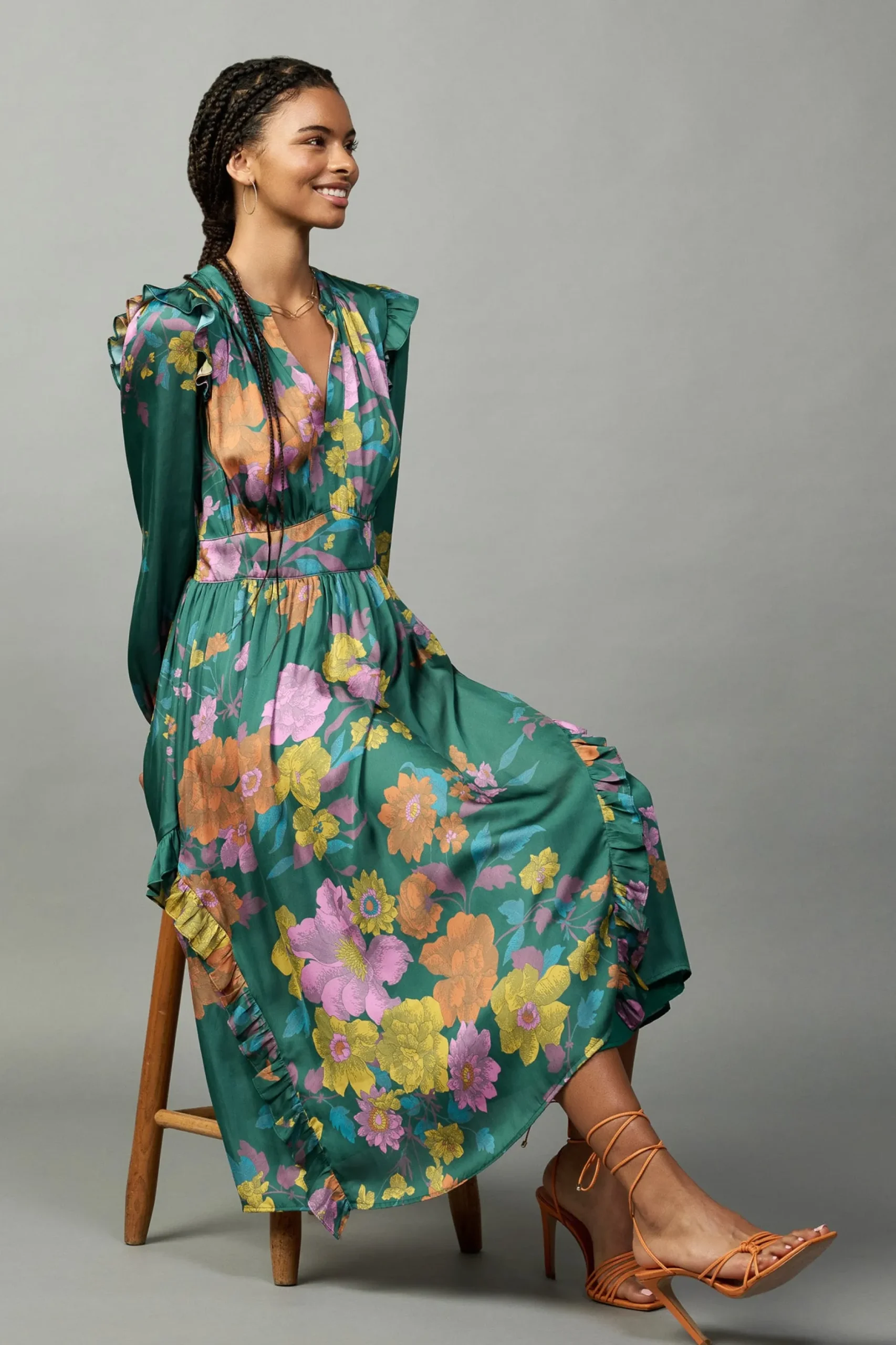 Midi Dresses-Current Air Emmaline Botanical Midi Dress GREENFLORAL