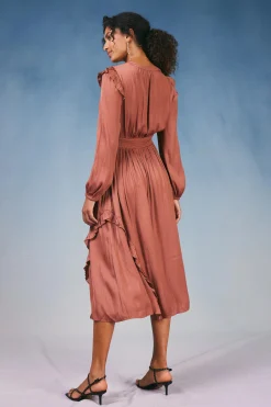 Midi Dresses-Current Air Emmaline Ruffled Midi Dress CARAMEL