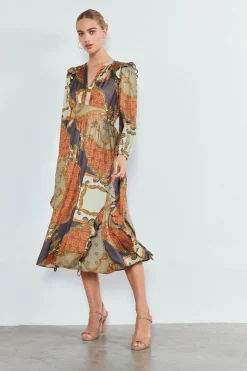 Midi Dresses-Current Air Emmaline Ruffled Midi Dress BROWNMLT