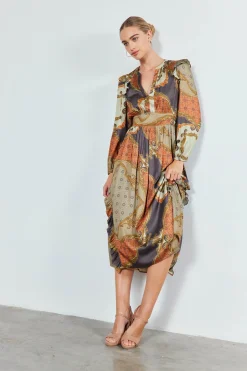 Midi Dresses-Current Air Emmaline Ruffled Midi Dress BROWNMLT