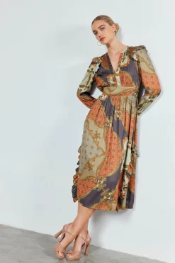 Midi Dresses-Current Air Emmaline Ruffled Midi Dress BROWNMLT