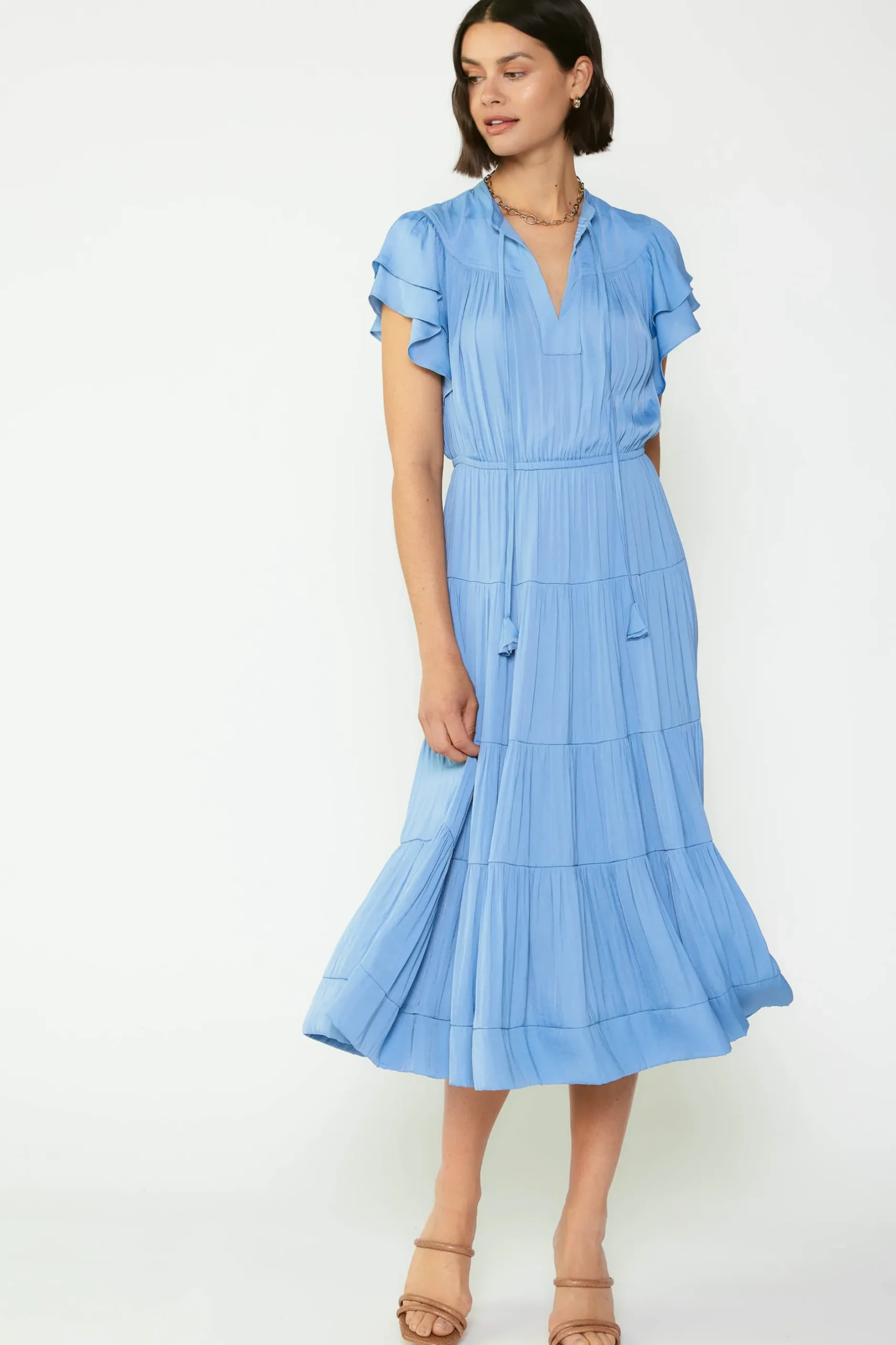 Midi Dresses-Current Air Everleigh Flutter Sleeve Midi Dress LIGHTDUSTYBLUE