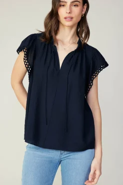 Sleeveless Tops-Current Air Eyelet Blouse NAVY