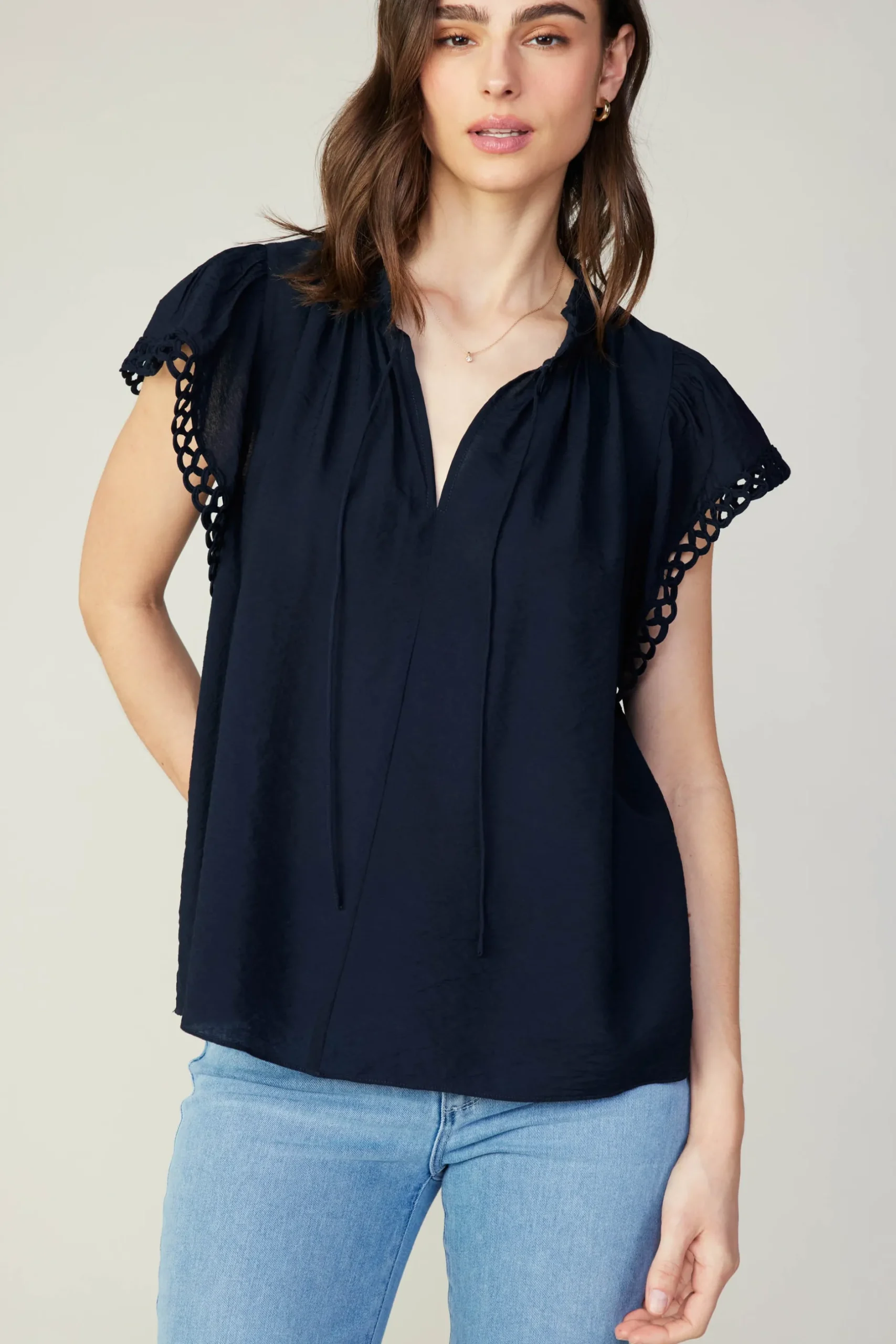 Sleeveless Tops-Current Air Eyelet Blouse NAVY
