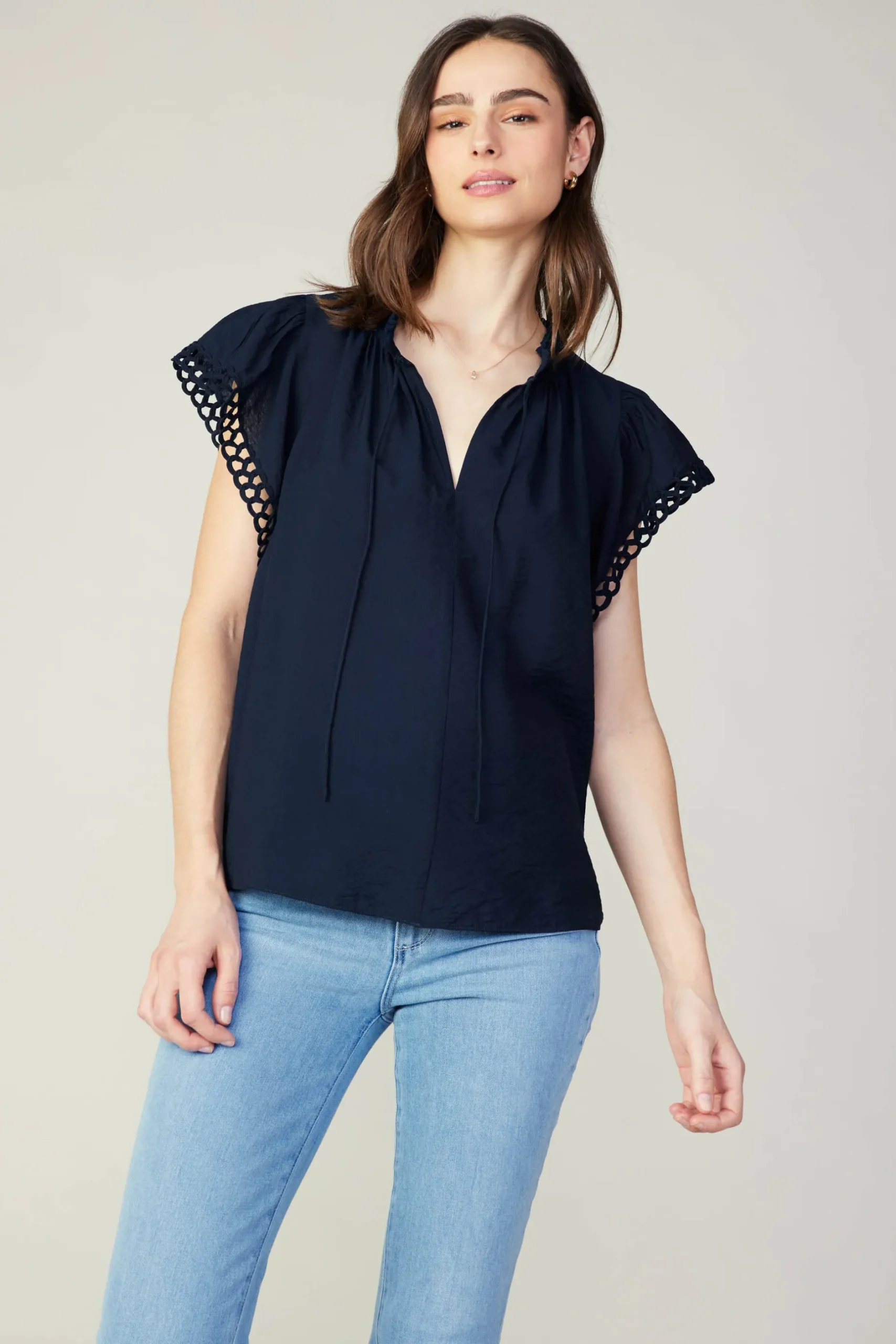Sleeveless Tops-Current Air Eyelet Blouse NAVY