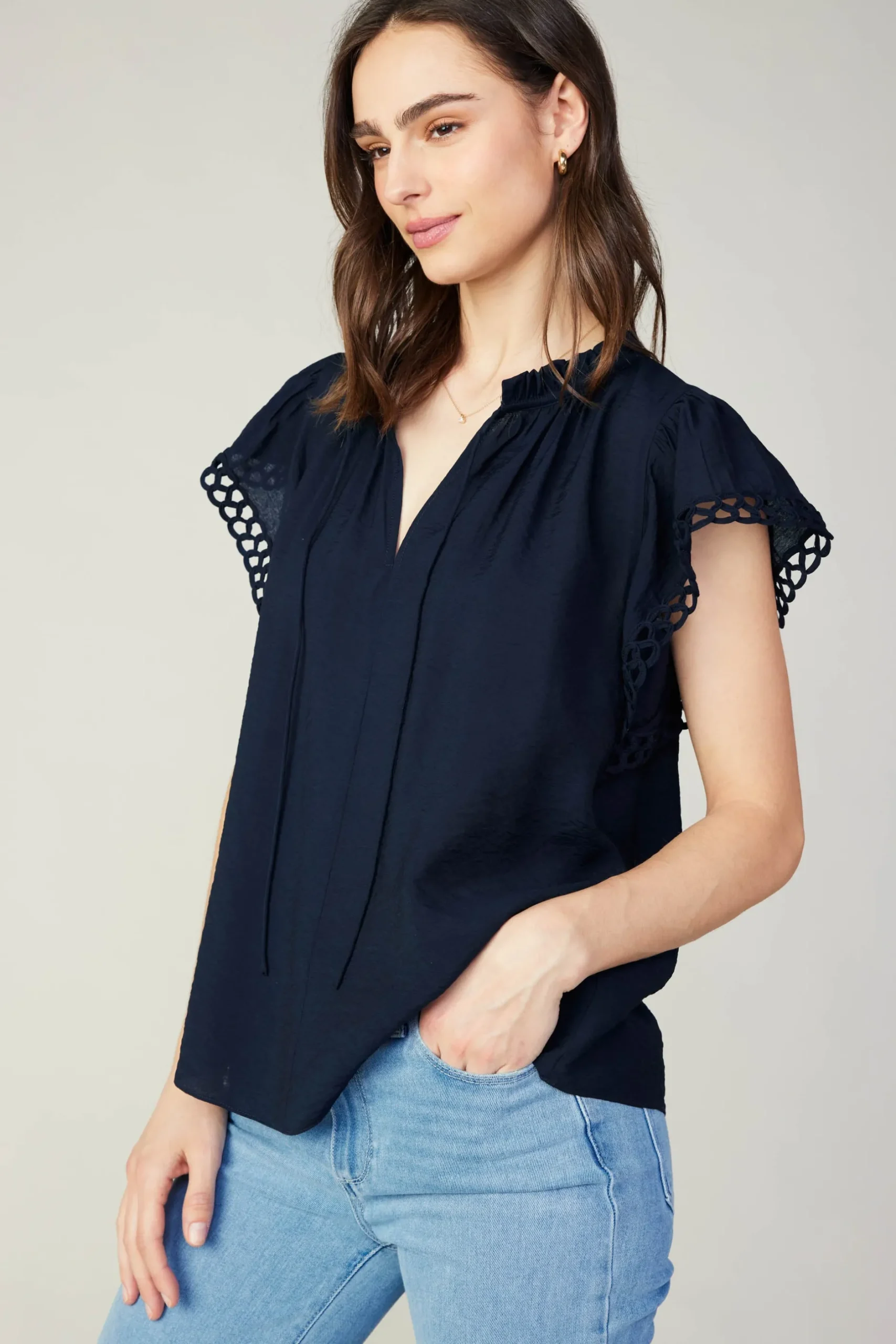 Sleeveless Tops-Current Air Eyelet Blouse NAVY