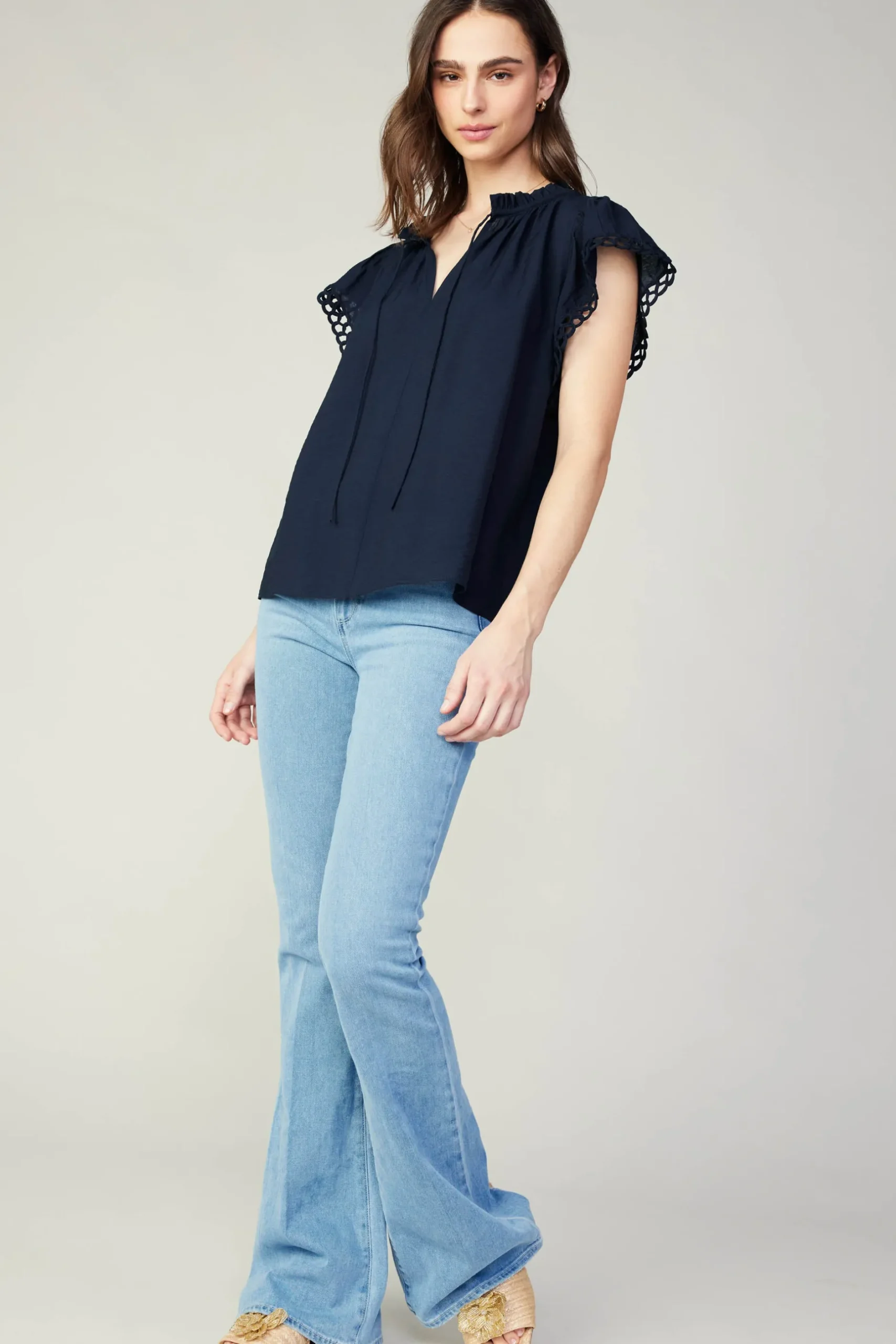 Sleeveless Tops-Current Air Eyelet Blouse NAVY